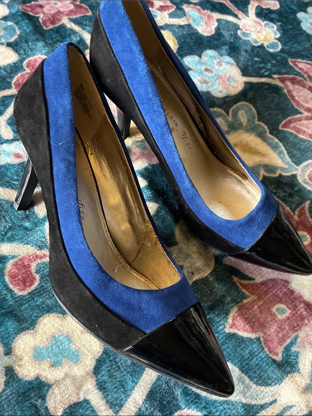 Anne Klein Black and Royal Blue Suede and Patent Pointed-Toe Pumps